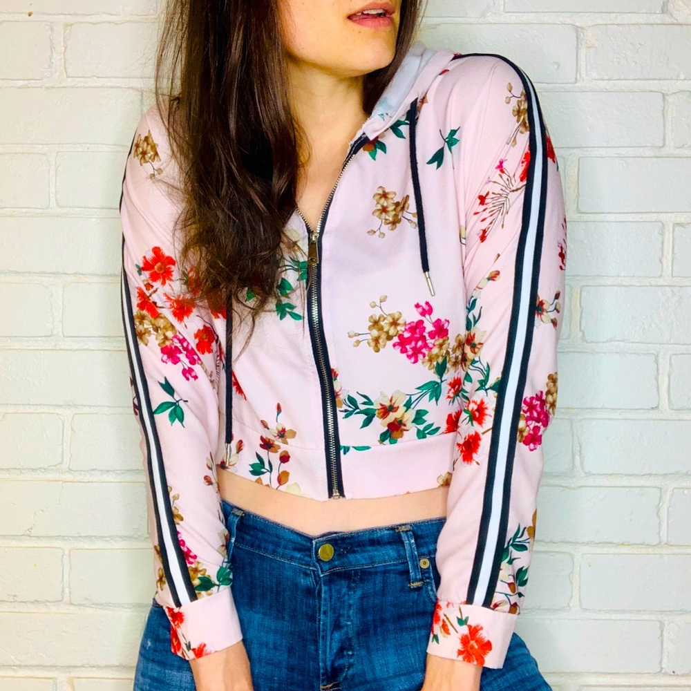 Forever 21 Pink Floral Print Cute Stripe Zip Crop Track Jacket Women Small